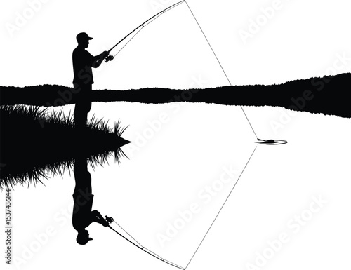 Fisherman Silhouette Lake Reflection Black White Fishing Rod