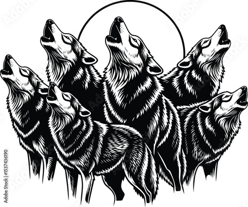 Five Wolves Howling at the Moon Black and White Illustration