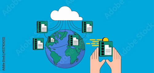 user accessing documents distributed globally via cdn from cloud, vector illustration for content delivery network, global caching and fast data distribution
