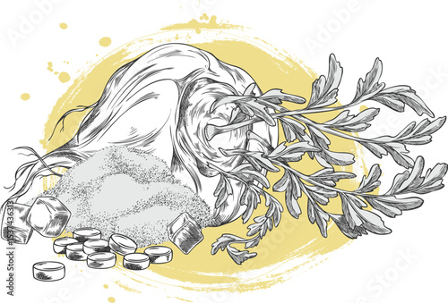Maca root with leaves, supplement tablets and powder products vector sketch composition, hand drawn engraved superfood