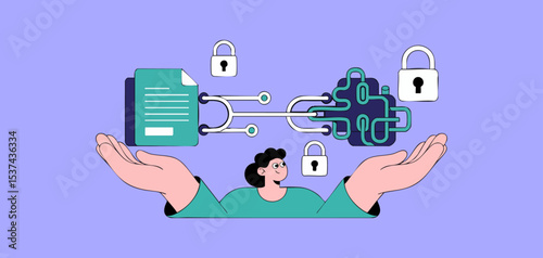 data security specialist overseeing document encryption into secure neural network, vector illustration for data encryption, secure information transfer and cybersecurity protocols