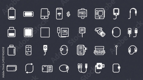 Outline icons depicting various electronic devices and accessories on a dark background design set created with generated ai