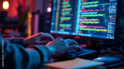 Focused hands typing on keyboard with vibrant computer screen, colorful programming textbooks in foreground, inspiring image for coding education