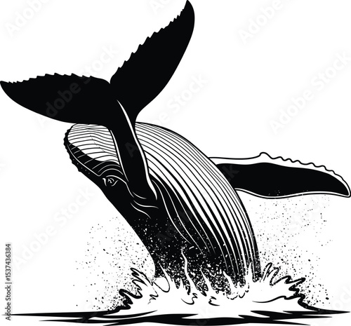 Humpback Whale Breaching Black and White Illustration