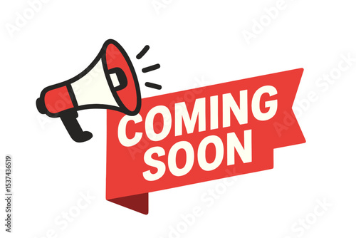 A web element consisting of a modern red vector banner ribbon and a megaphone announces that something is coming soon