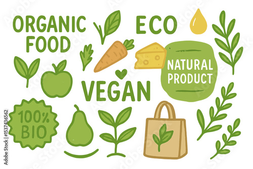 A collection of hand-drawn vector design elements featuring organic food, eco, vegan, and natural product icons is designed for use in food markets, ecommerce, organic product packaging, healthy