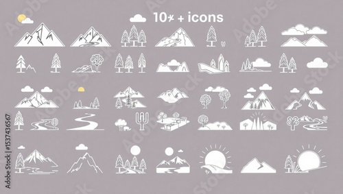 Collection of mountain and nature icons featuring trees, clouds, sun, rivers, and diverse landscape elements created with generated ai