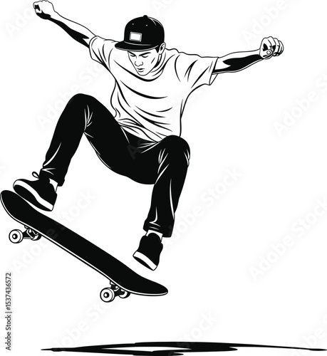 Skateboarder Air Black White Graphic Illustration skating