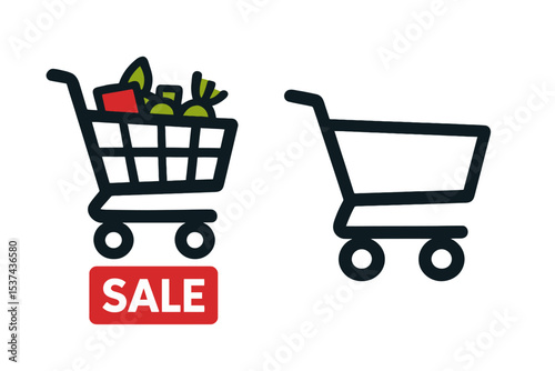 Shop symbol with full and empty shopping cart for indicating a sale’ is rewritten as ‘Symbol of a store with an empty and full cart for sale purposes