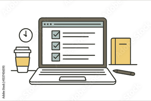 The vector illustration, created in line art style, showcases a laptop, a workspace, and a browser equipped with checkboxes, as well as a checklist