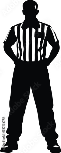 Silhouette of a referee with hands on hips in striped shirt