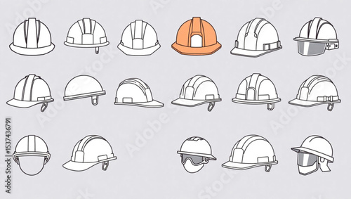Illustration showing a variety of construction and safety helmets with one orange helmet highlighted created with generated ai