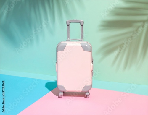 Pastel Pink Suitcase on Colorful Background with Palm Shadows