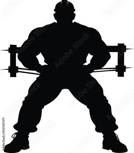 Silhouette of a muscular weightlifter with protective headgear lifting spiked weights