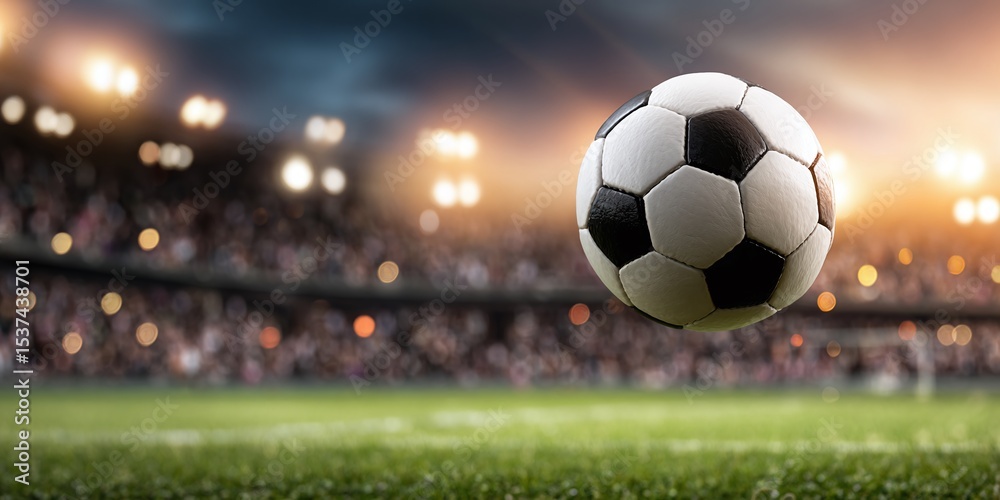 Fototapeta premium Action on the field! A classic soccer ball in motion, stadium lights, and fans create an atmosphere of sporting excitement and competition.