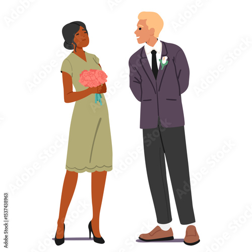 Groomsman and bridesmaid cartoon characters wearing traditional festive clothes isolated on white