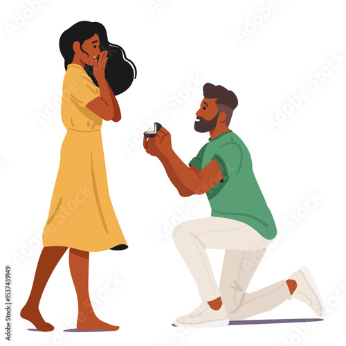 Boyfriend proposing his girlfriend to marry kneeling with engagement ring in box isolated on white