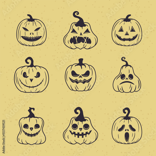 Vintage Halloween pumpkin illustrations, showcasing iconic Jack-o'-Lantern designs. Isolated vector icons for logos, posters, and more.