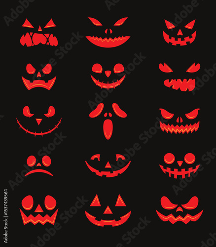 Set of 15 cartoon pumpkin faces showing various emotions. Fun and spooky vector illustrations for Halloween-themed designs.