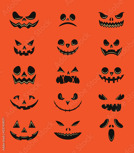 Collection of 15 Halloween pumpkin faces with different emotions. Vector cartoon illustration