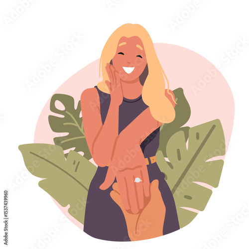 Joyful young woman character showing engagement ring accepting marriage proposal cartoon scene