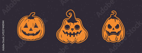 Vintage-inspired Halloween pumpkin graphics pack, featuring iconic Jack-o'-Lantern faces. Clean vector set for versatile use.