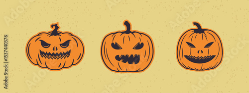 Old-school Halloween pumpkin emblem set, showcasing timeless Jack-o'-Lantern motifs. Perfect for logos, posters, and decorative designs.