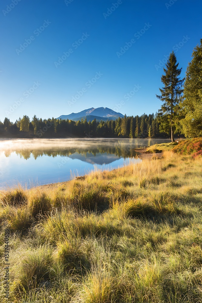 Obraz premium Serene mountain lake scene at dawn.