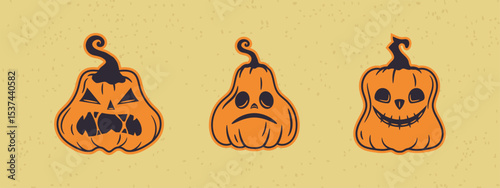 Old-fashioned Halloween pumpkin icons collection with classic Jack-o'-Lantern expressions. Clean vector set perfect for graphic projects.