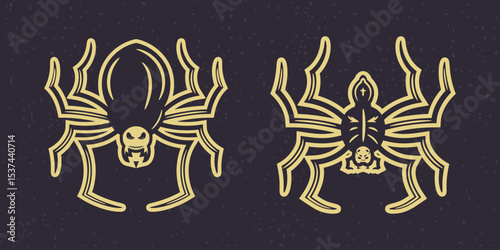 Vector illustration of two spooky cartoon spiders with creepy faces. Halloween design on dark textured background.