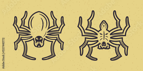 Vector illustration of two spooky cartoon spiders with creepy faces. Halloween design on retro textured background.
