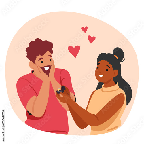 Cartoon portrait of young couple where woman proposing man to marry her with engagement ring
