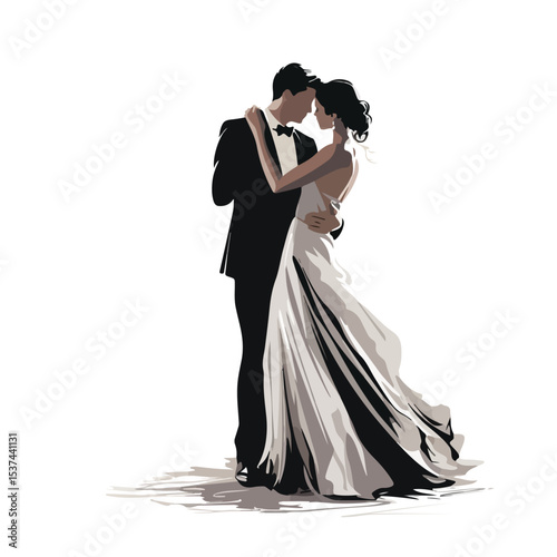 Elegant Wedding Couple Dancing in Black and White Vector Illustration for Design Projects