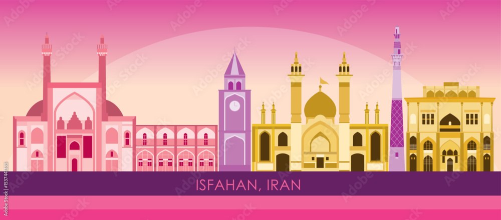 Obraz premium Sunset Skyline panorama of city of Isfahan, Iran - vector illustration