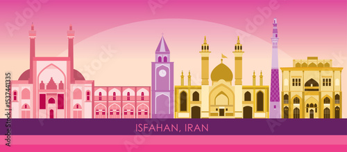 Sunset Skyline panorama of city of Isfahan, Iran  - vector illustration