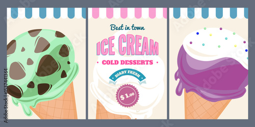 Ice cream showcase concept set. Retro Design template collection in blue colors for cafe and restaurant. Cold dessert flayer bundle.