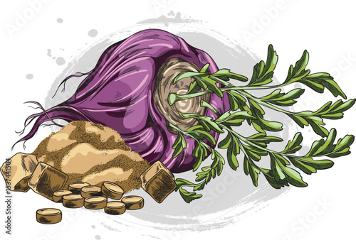 Maca root in purple peel with leaves, supplement tablets and powder product vector sketch, Maca Peruvian tuber superfood