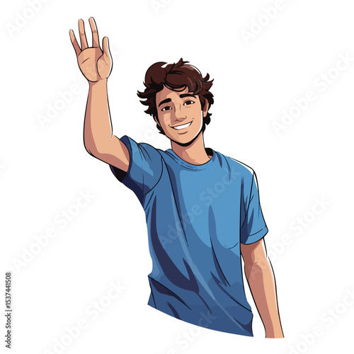 Happy Young Man Cartoon Character Standing and Waving Hand in Cheerful Gesture Illustration