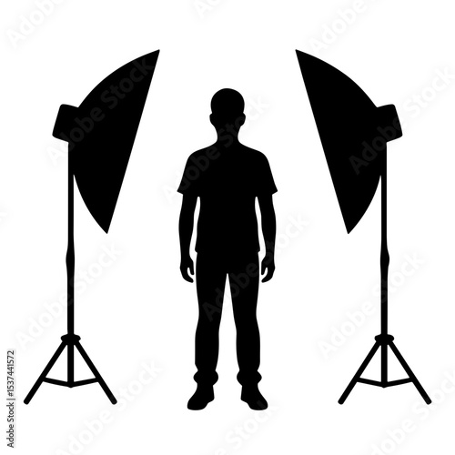 Person posing in silhouette with softboxes in a studio setting — Concept of Photographer's Day  