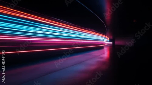 Colorful neon light trails moving at high speed through futuristic dark tunnel, seamless looping 4k time-lapse animation video background