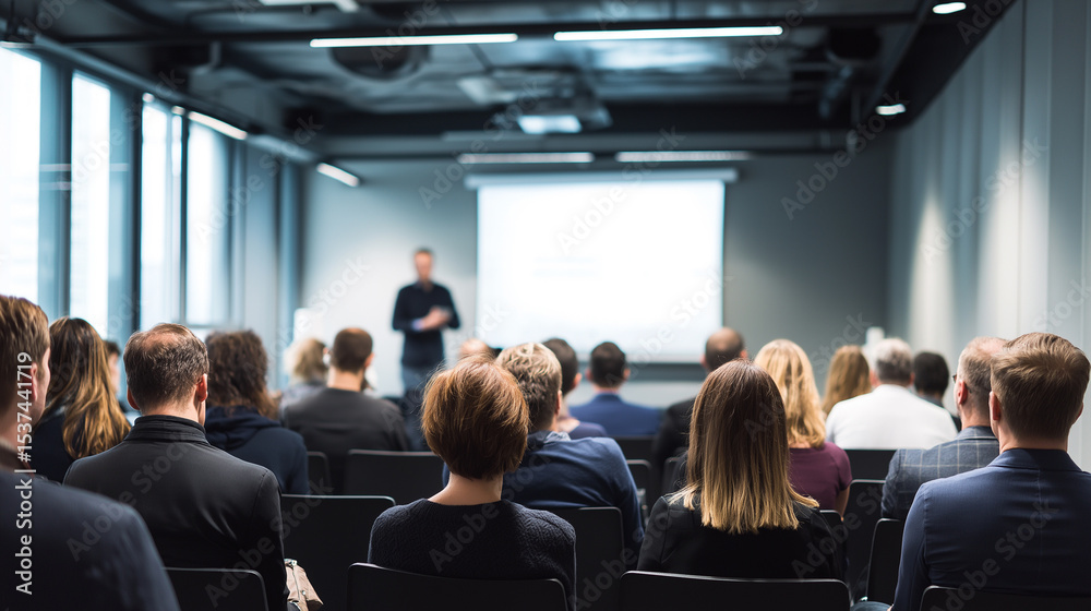 Fototapeta premium An audience faces a presenter standing in front of a bright projection screen in a blurred modern conference room. 