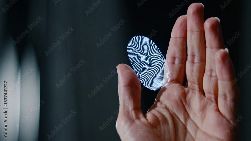 Fingerprint scan accessing secure data in futuristic interface