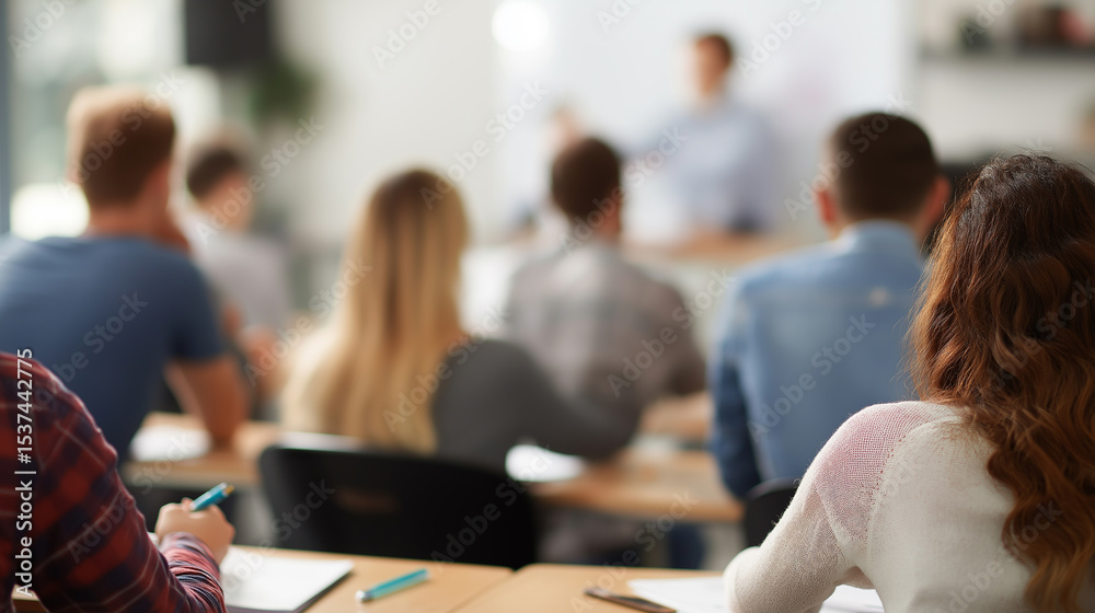 Obraz premium Students are seated in a classroom, facing a blurred teacher at the front, indicating an educational setting. 