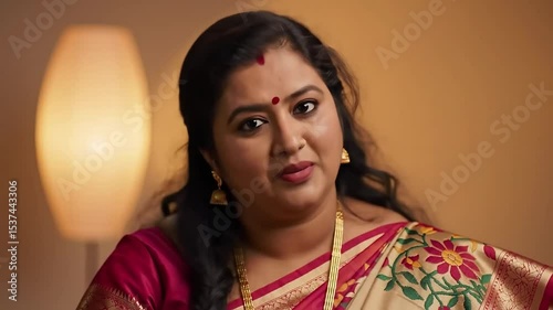 Elegant Full-Figured East Indian Woman in Floral Saree, Soft Gaze in Warm-Toned Studio Portrait