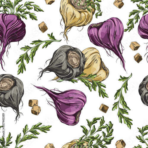 Maca root with leaves color sketch, seamless pattern hand drawn vector design, Maca Peruvian tuber vegetable, superfood