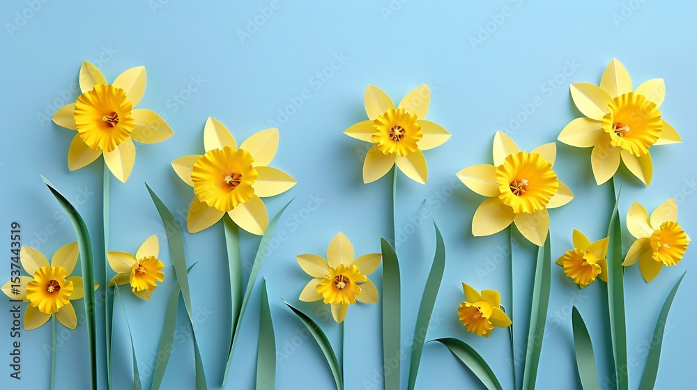 Fototapeta premium Yellow paper daffodil flowers with green stems in quilling style on a blue background. Spring floral art for Mothers day.