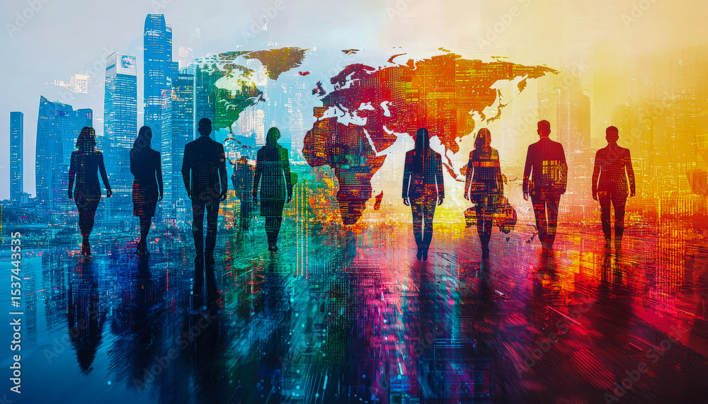 Obraz premium Businesspeople and global map with digital cityscape background