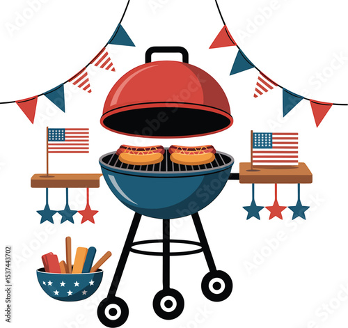 Festive illustrated barbecue scene celebrating independence day with american flags and food