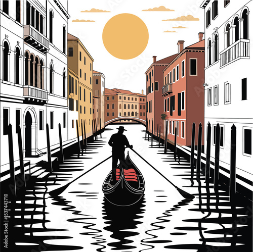 Gondolier navigating venetian canal under a warm sun surrounded by historic architecture