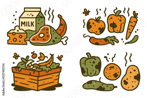 Decomposing organic matter, cartoon flat style isolated tidy vector set, featuring rotten food scenes of expired products and moldy items like vegetables, fruits, meat, and milk, along with compost